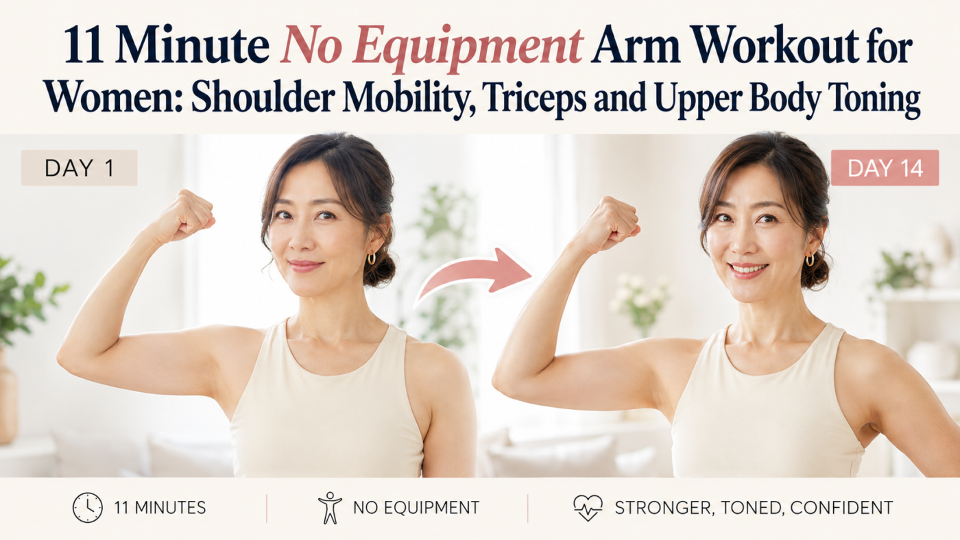 Woman performing a no equipment arm workout with shoulder, triceps and upper body exercises at home
