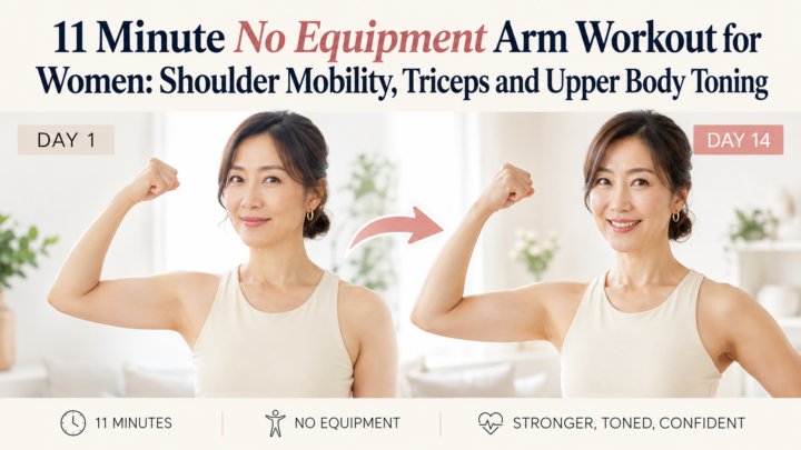 Woman performing a no equipment arm workout with shoulder, triceps and upper body exercises at home