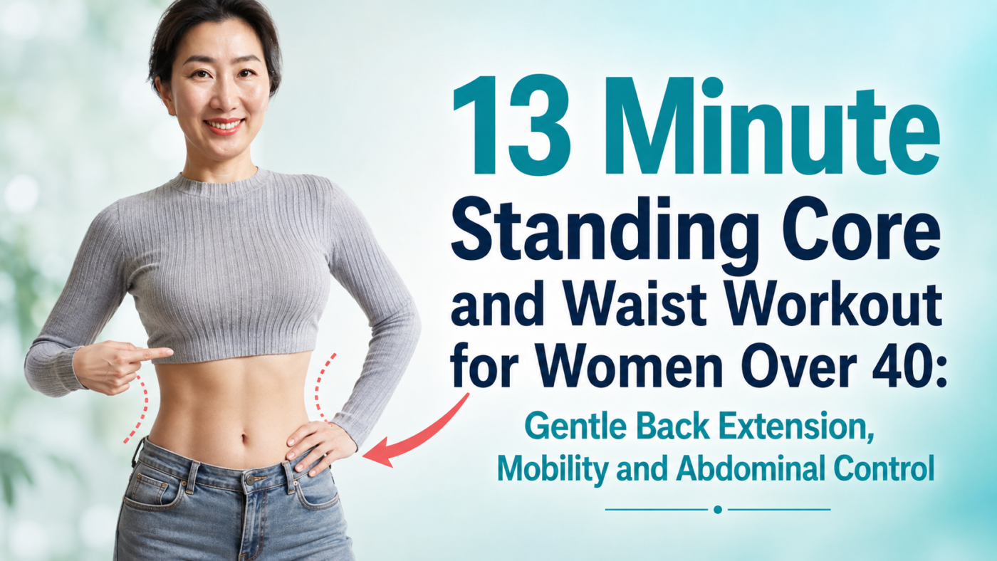 Woman over 40 performing a gentle standing core and back extension exercise for abdominal control and waist mobility