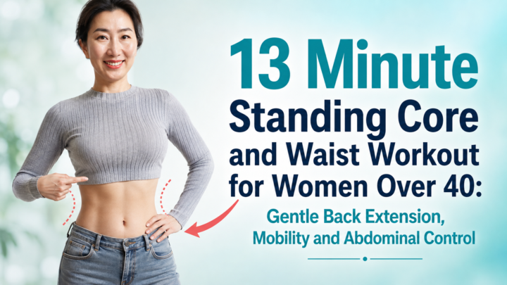 Woman over 40 performing a gentle standing core and back extension exercise for abdominal control and waist mobility