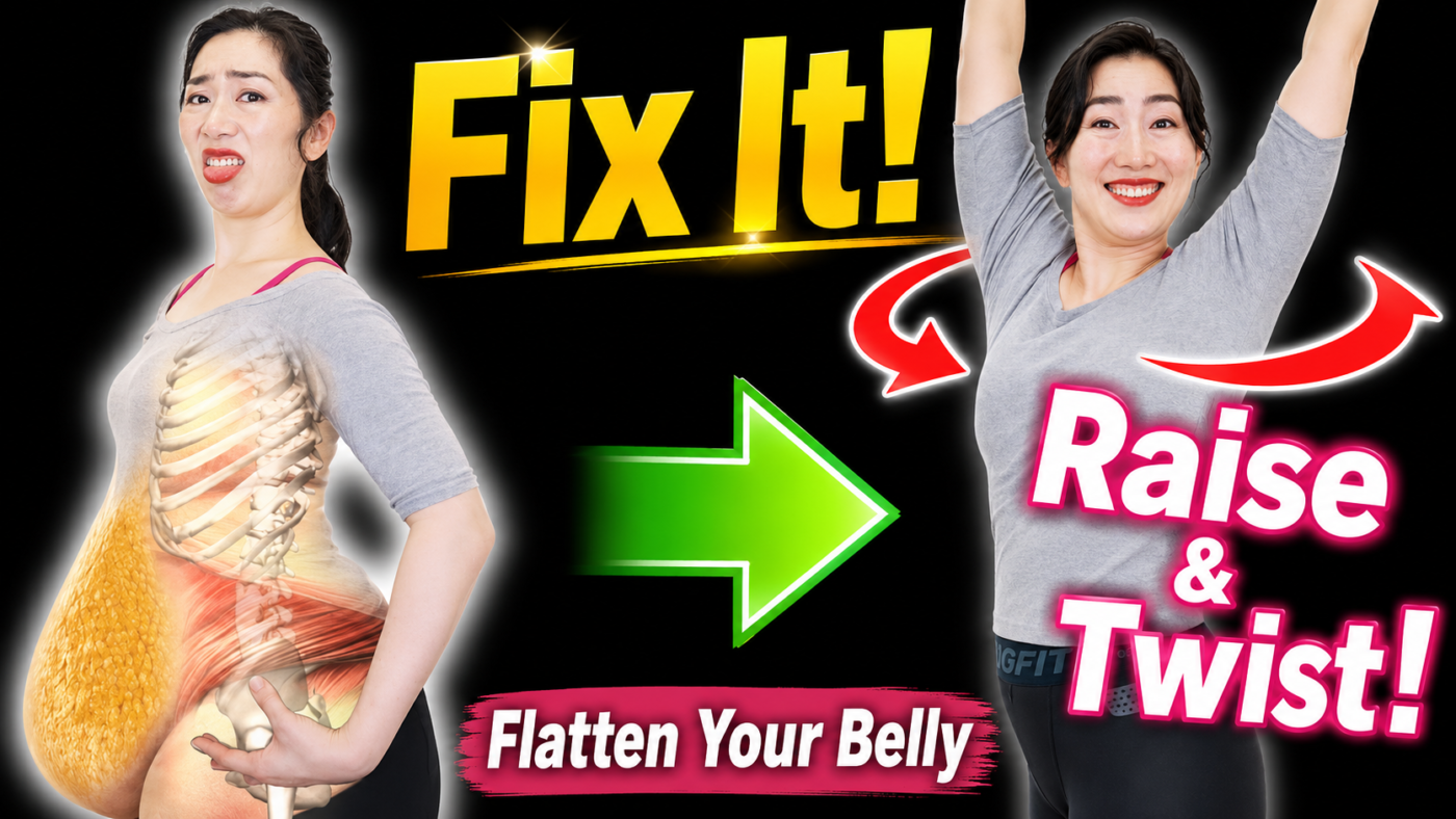 Overhead stretch for flatter belly after 40 standing twist and core mobility