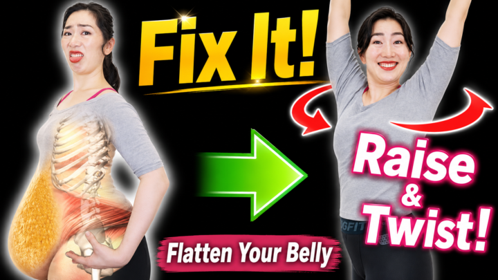 Overhead stretch for flatter belly after 40 standing twist and core mobility