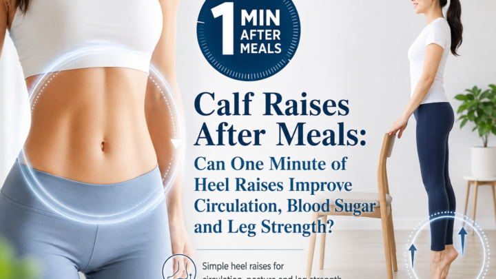 Woman performing standing calf raises after a meal for lower-leg strength and daily movement