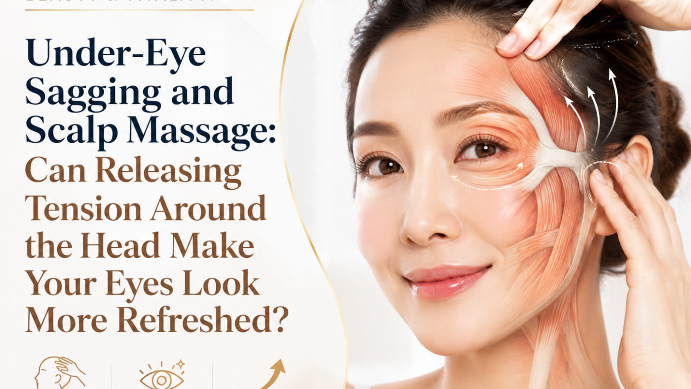 Woman gently massaging her scalp and temple to relax facial tension around the under-eye area