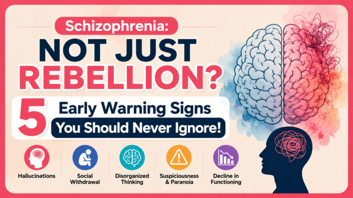 A calm mental health consultation illustrating schizophrenia education, early intervention, treatment, recovery, and family support.