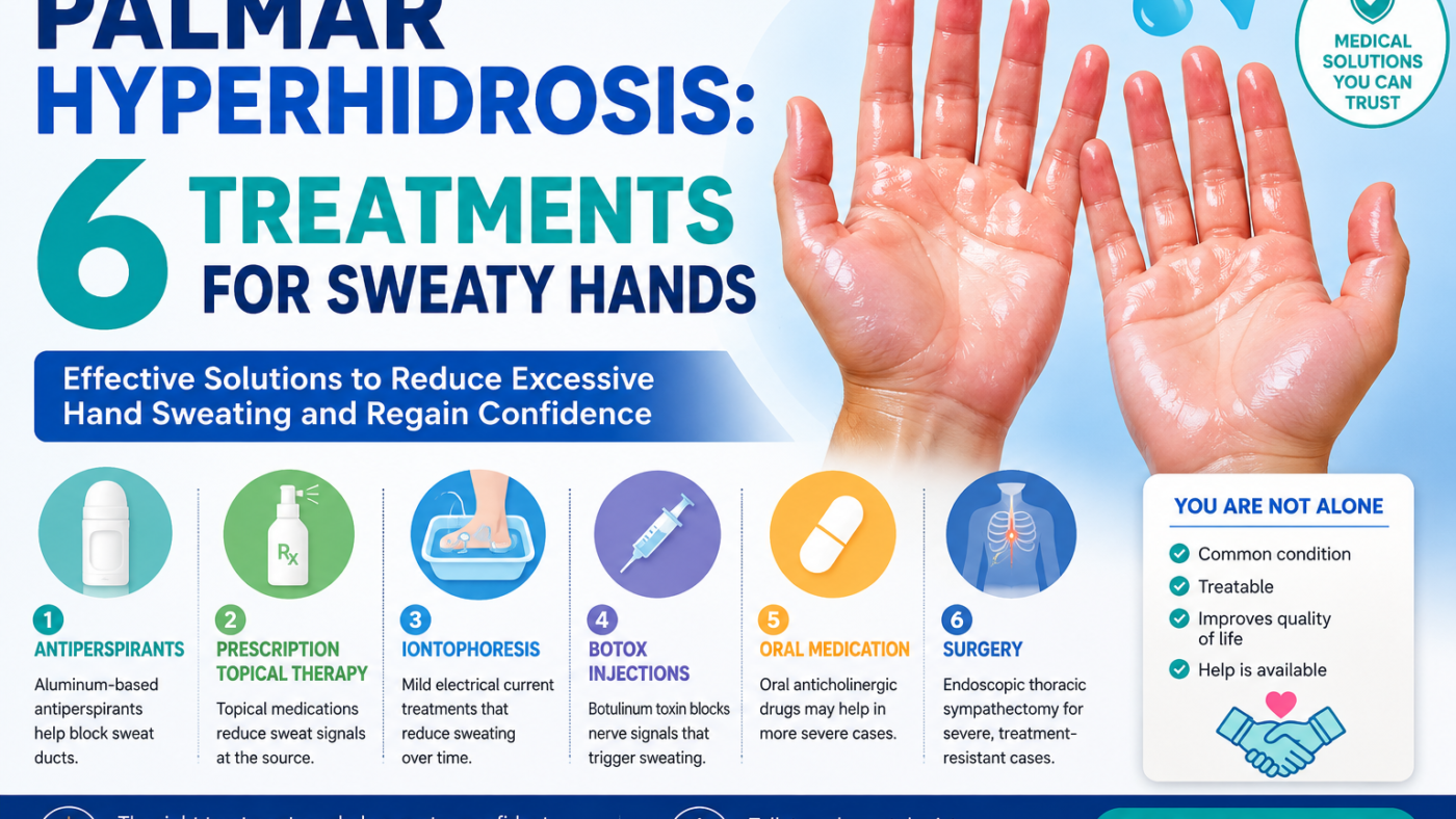 Palmar hyperhidrosis treatment guide showing excessive sweaty hands and treatment options for reducing hand sweating.