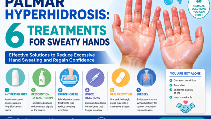 Palmar hyperhidrosis treatment guide showing excessive sweaty hands and treatment options for reducing hand sweating.