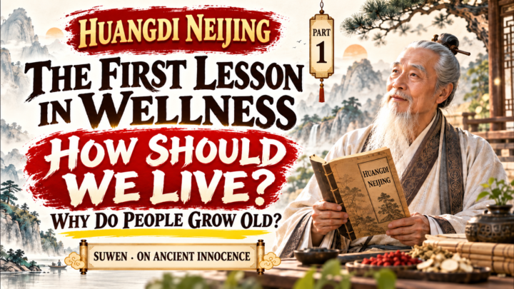 Huangdi Neijing healthy aging illustration showing an ancient Chinese scholar holding the Yellow Emperor’s Inner Canon