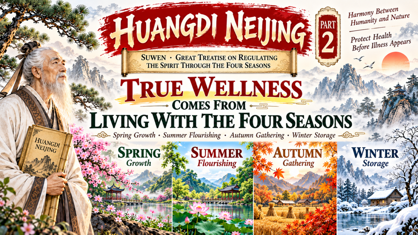 Huangdi Neijing seasonal wellness showing spring, summer, autumn and winter