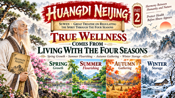 Huangdi Neijing seasonal wellness showing spring, summer, autumn and winter