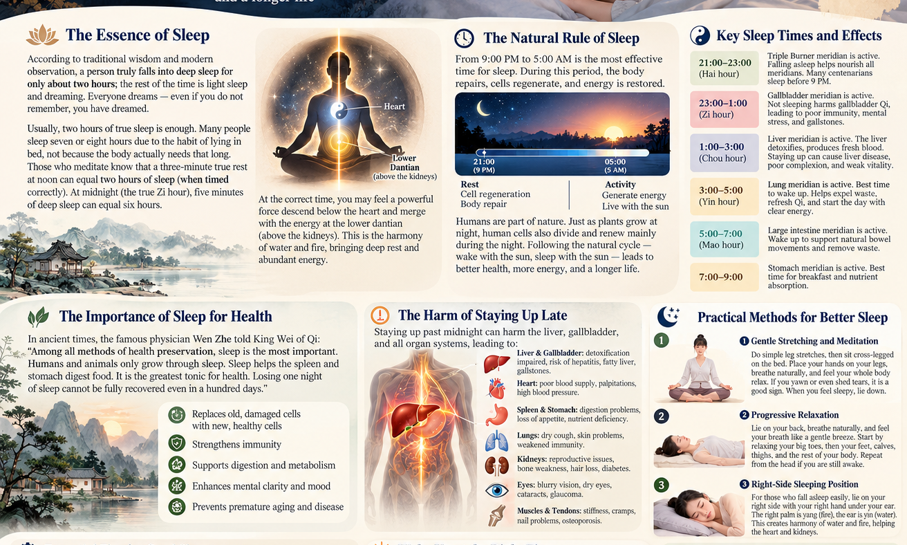 Traditional Chinese sleep wisdom illustrated with peaceful nighttime rest, moonlight, and Eastern wellness imagery