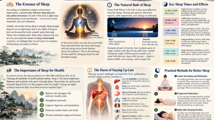 Traditional Chinese sleep wisdom illustrated with peaceful nighttime rest, moonlight, and Eastern wellness imagery