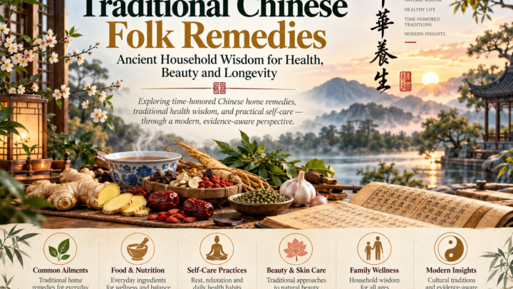 Traditional Chinese folk remedies with herbs, ginger, garlic, tea, and ancient Eastern wellness traditions