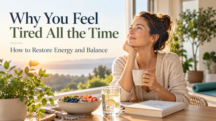 A calm healthy adult restoring energy through rest, gentle movement, natural light, and a balanced lifestyle.
