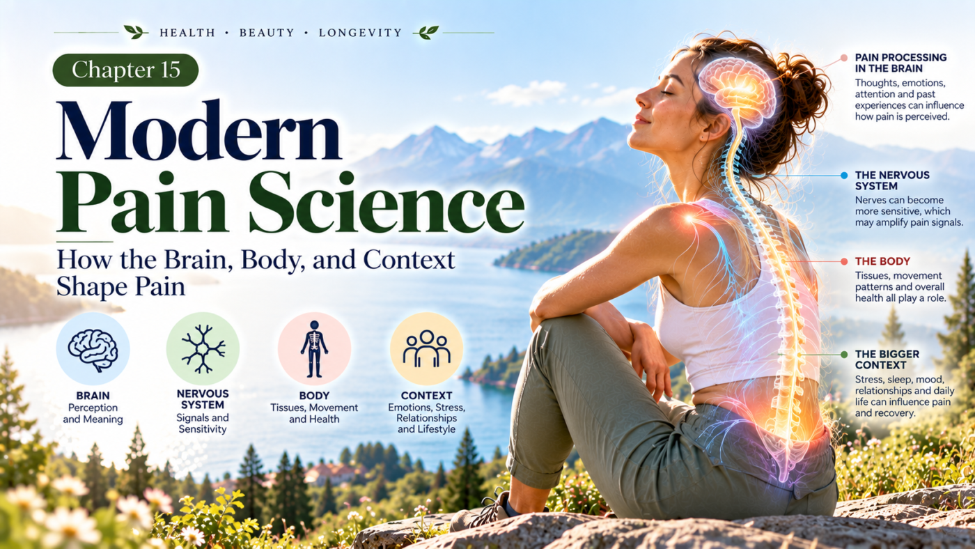 Modern pain science showing how the brain, nervous system, body, stress, sleep and context can shape pain