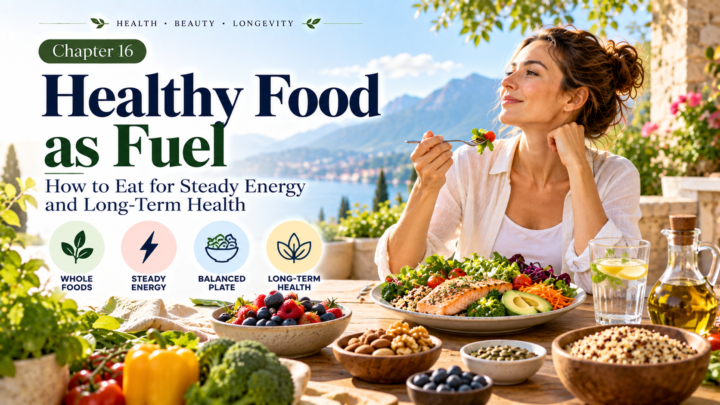 Healthy eating for energy with whole foods, protein, fiber, healthy fats, vegetables, fruit and whole grains