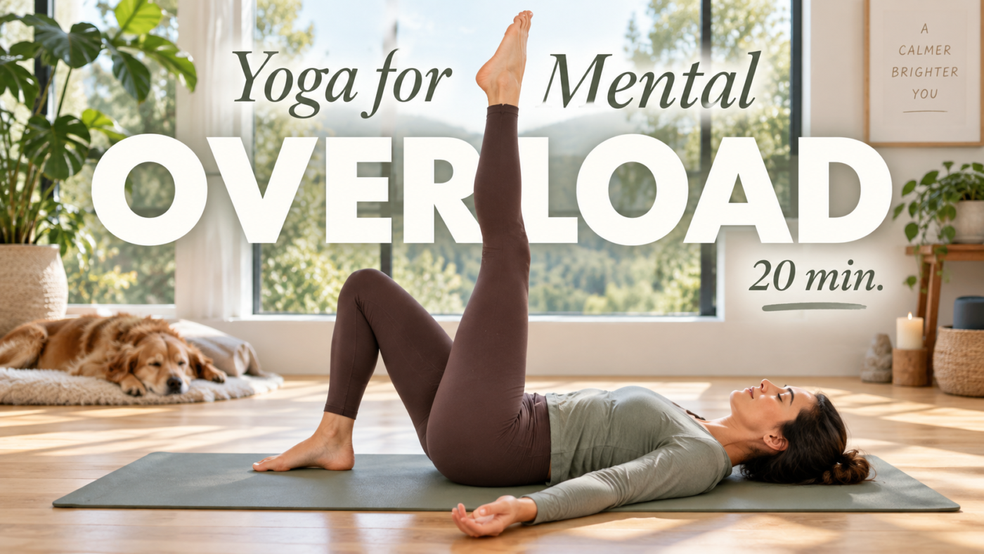 Woman practicing gentle yoga for mental overload with one leg raised during a calming 20-minute floor-based yoga session