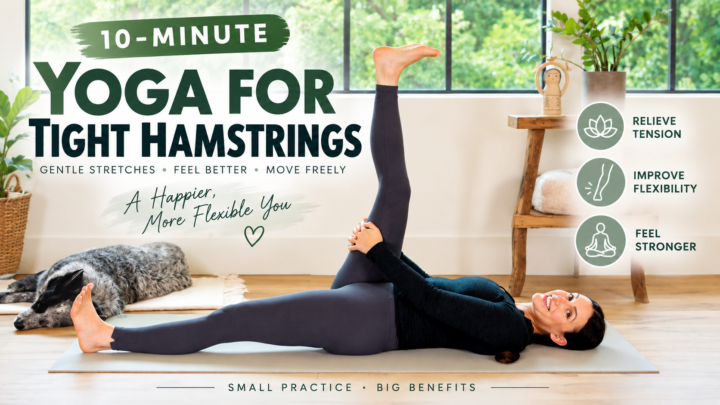 Woman performing a gentle supine hamstring stretch during a 10-minute yoga routine for tight hamstrings