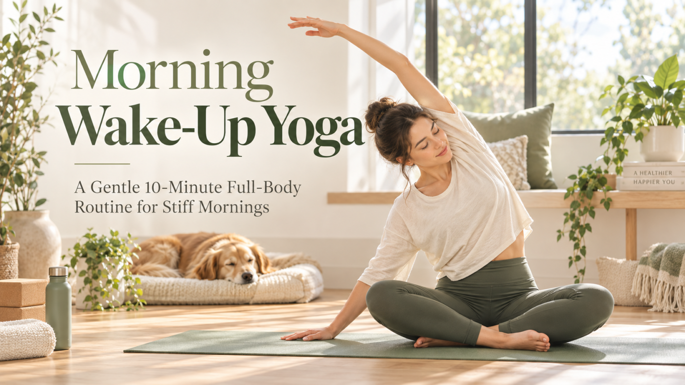 Woman practicing gentle morning wake-up yoga with a seated side stretch in a bright room