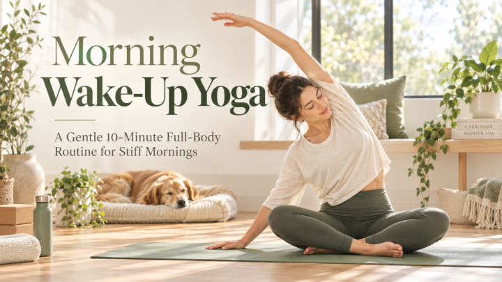 Woman practicing gentle morning wake-up yoga with a seated side stretch in a bright room
