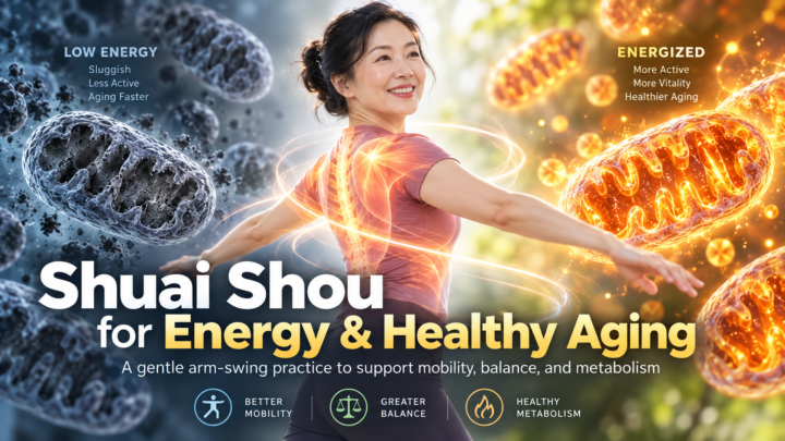 Woman practicing Shuai Shou arm-swing exercise with illustrations of cellular energy and mitochondria