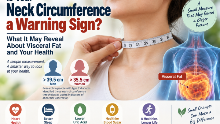 Woman measuring neck circumference with a tape measure and illustration showing visceral fat and metabolic health