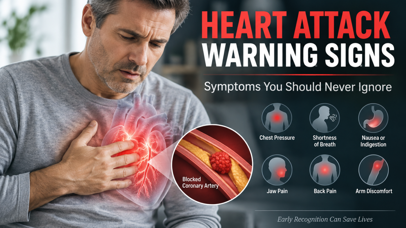 Heart attack warning signs including chest pressure, shortness of breath, nausea and upper-body discomfort