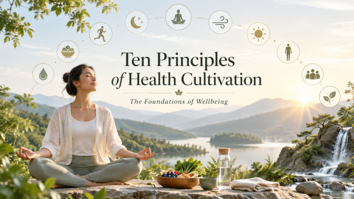 Ten principles of health cultivation illustrated through meditation, healthy food, hydration, movement, sleep, sunlight, breathing, social connection, and nature.