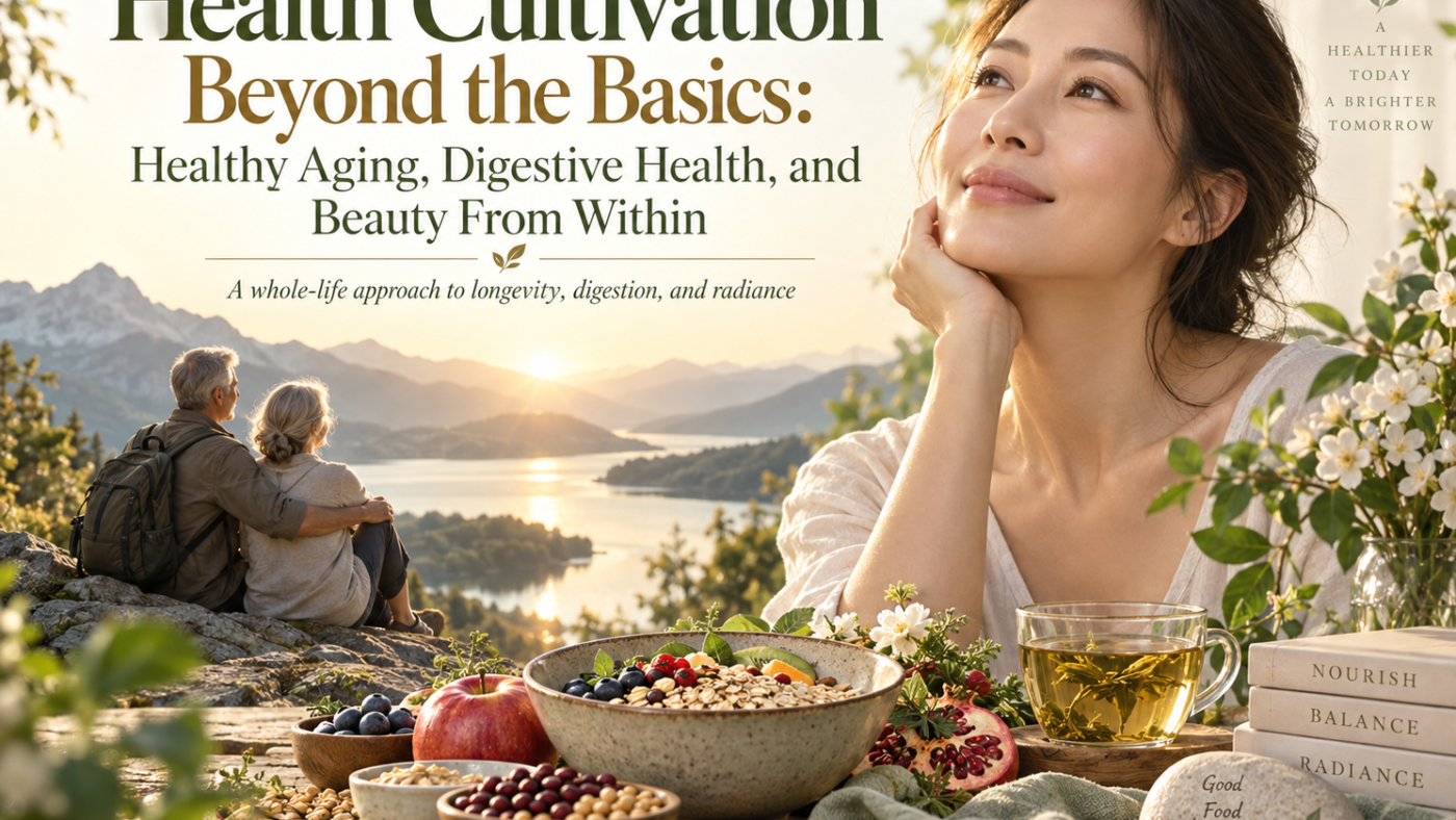 Healthy aging and natural beauty represented by an older couple overlooking a peaceful mountain lake, whole foods, fruit, whole grains and traditional wellness elements.