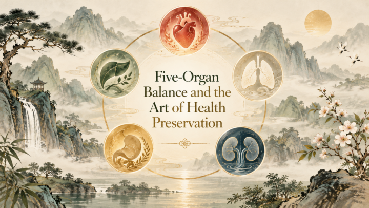 Five-Organ Balance in Traditional Chinese Medicine showing the Heart, Liver, Spleen, Lung, and Kidney within a classical Chinese landscape