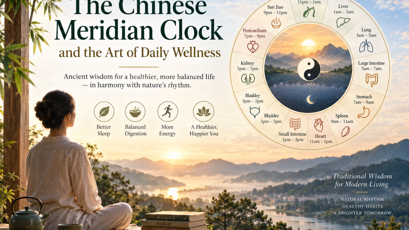 Chinese Meridian Clock showing the twelve traditional TCM meridian periods from Gallbladder and Liver to Heart, Kidney, Pericardium, and San Jiao.