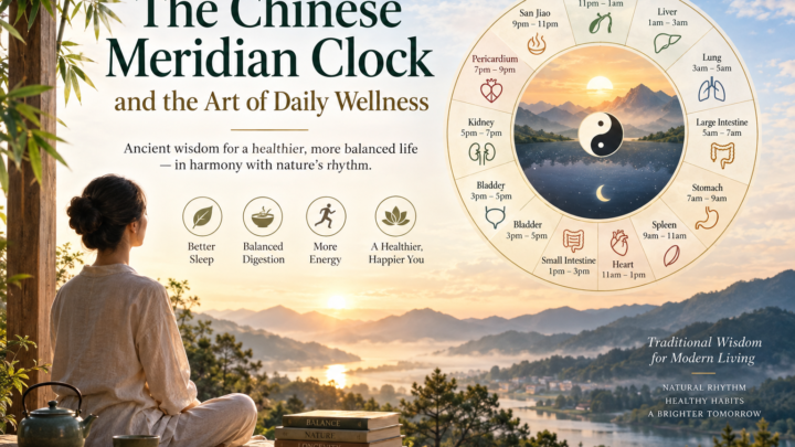 Chinese Meridian Clock showing the twelve traditional TCM meridian periods from Gallbladder and Liver to Heart, Kidney, Pericardium, and San Jiao.