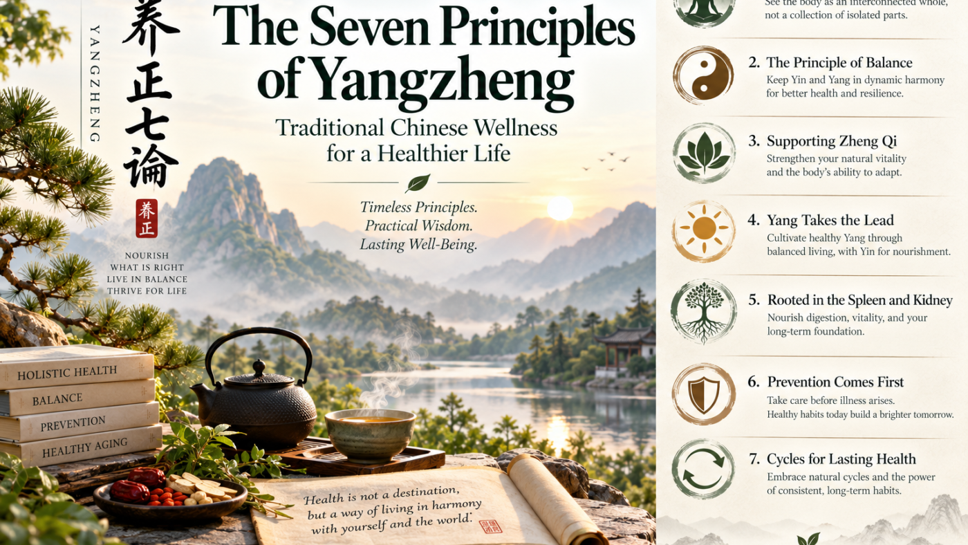 Seven Principles of Yangzheng for traditional Chinese wellness, balance, prevention, resilience, and healthy aging