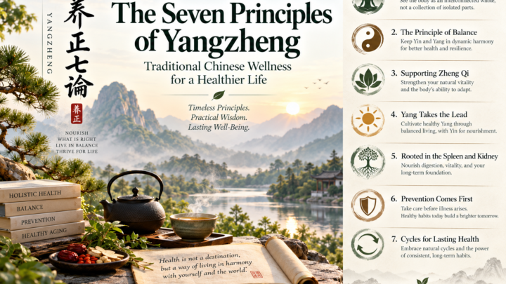 Seven Principles of Yangzheng for traditional Chinese wellness, balance, prevention, resilience, and healthy aging