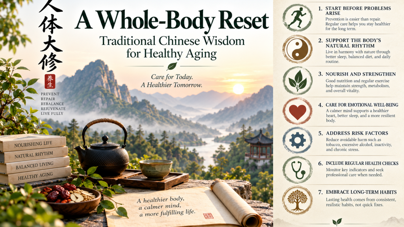 Whole-body reset for healthy aging through nutrition, exercise, prevention, natural rhythms, and traditional Chinese wellness