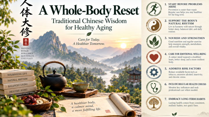 Whole-body reset for healthy aging through nutrition, exercise, prevention, natural rhythms, and traditional Chinese wellness