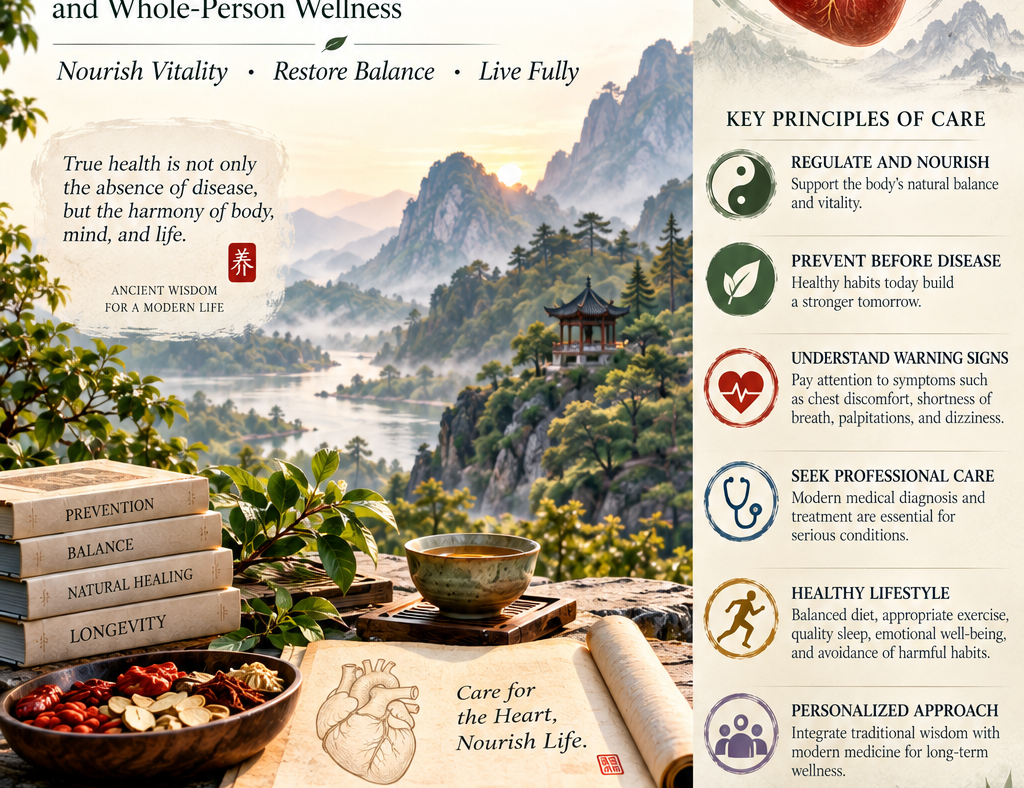 Coronary artery disease and modern heart care with traditional Chinese wellness and healthy lifestyle principles