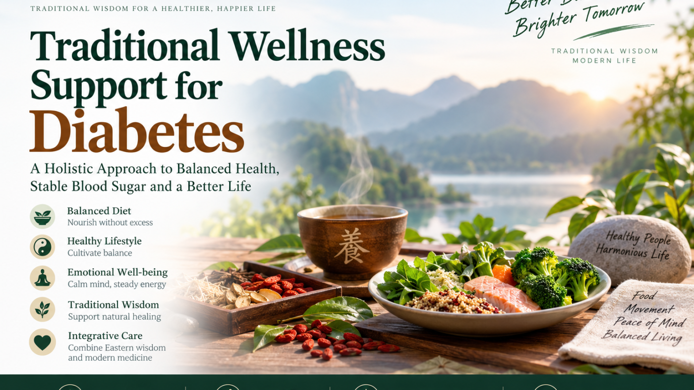 Traditional Chinese wellness approach to diabetes, healthy food, gentle movement, and balanced lifestyle