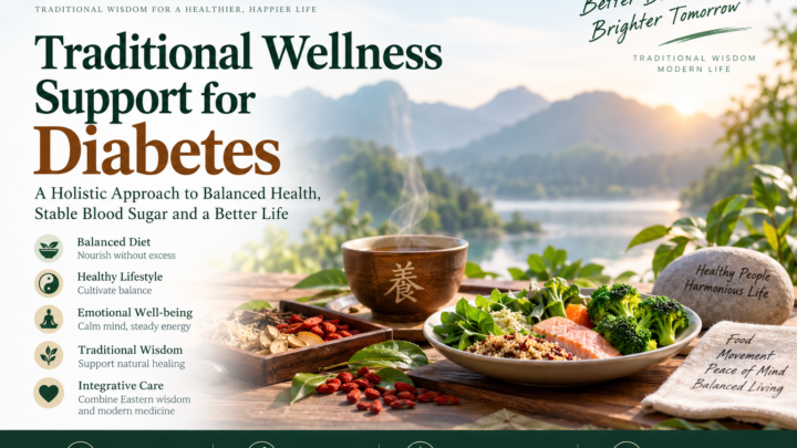 Traditional Chinese wellness approach to diabetes, healthy food, gentle movement, and balanced lifestyle
