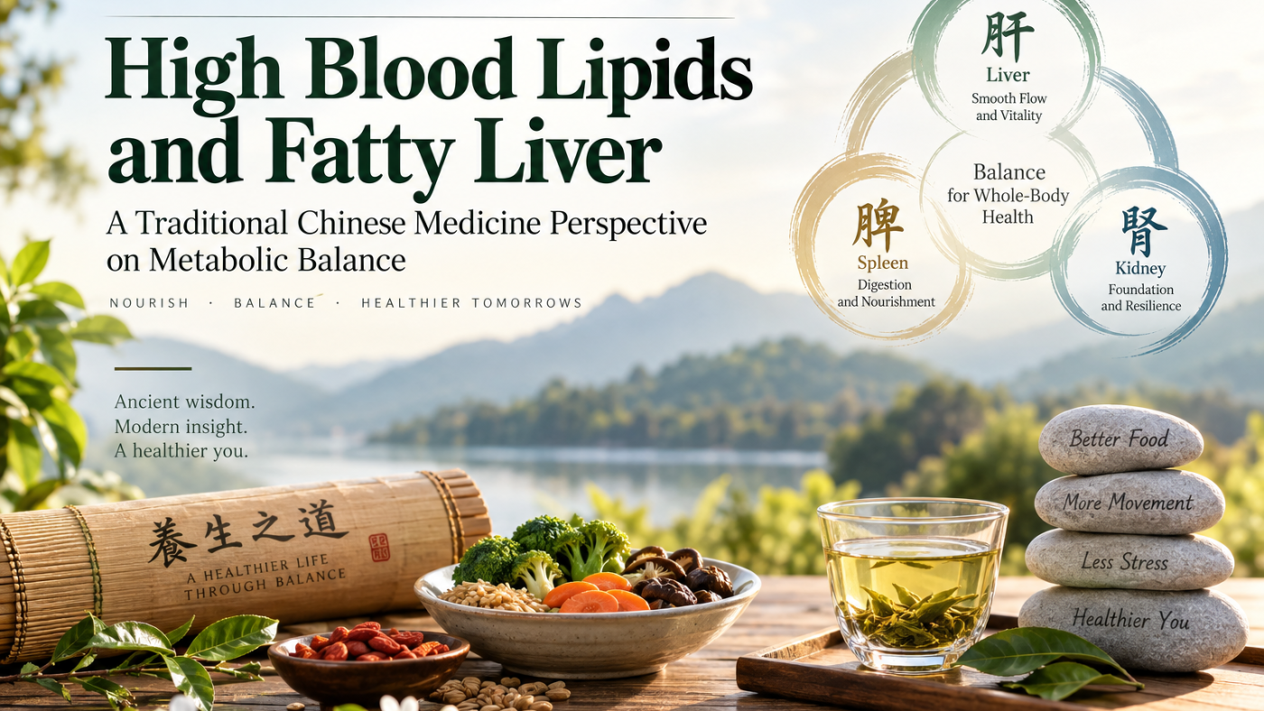 FAQ Can fatty liver be reversed? Liver fat can often be reduced when the underlying metabolic factors improve. Sustainable weight management, regular physical activity, healthier eating patterns, better blood glucose control, and reduced alcohol intake can all contribute to improvement. The degree and speed of recovery vary between individuals, and there is no universal timeline. Are high cholesterol and fatty liver related? They can occur together because both may be associated with metabolic dysfunction, excess body weight, insulin resistance, diabetes, diet, genetics, and physical inactivity. However, one condition does not automatically mean the other is present. What does traditional Chinese medicine say about fatty liver? Traditional Chinese medicine does not describe fatty liver using the same biomedical terminology used today. Traditional theory may interpret related patterns through concepts involving the Spleen, Liver, qi movement, dampness, phlegm, and overall functional balance. These are traditional explanatory models rather than modern anatomical mechanisms. What foods support liver and metabolic health? A balanced eating pattern emphasizing vegetables, whole grains, legumes, fruit, nuts, seeds, fish, lean protein, and minimally processed foods can support metabolic health. Limiting excess added sugar, highly refined carbohydrates, trans fats, excessive saturated fat, and heavy alcohol intake may also be beneficial. Does exercise help fatty liver? Regular physical activity can help reduce liver fat, improve insulin sensitivity, support cardiovascular health, and assist with weight management. Walking, resistance training, cycling, swimming, Tai Chi, and other sustainable forms of movement can all contribute. Can herbal supplements replace cholesterol medication? No. Herbal products and supplements should not be used as substitutes for prescribed cholesterol-lowering treatment without professional medical guidance. Some supplements may also interact with medications or affect liver function. Is an enlarged liver always caused by fatty liver? No. Liver enlargement can have many possible causes, including fatty liver disease, infection, inflammation, vascular disorders, alcohol-related liver disease, and other conditions. Persistent enlargement should be medically evaluated. What is MASLD? Traditional Chinese medicine approach to high blood lipids and fatty liver with healthy foods, tea, Liver, Spleen and Kidney balance concepts