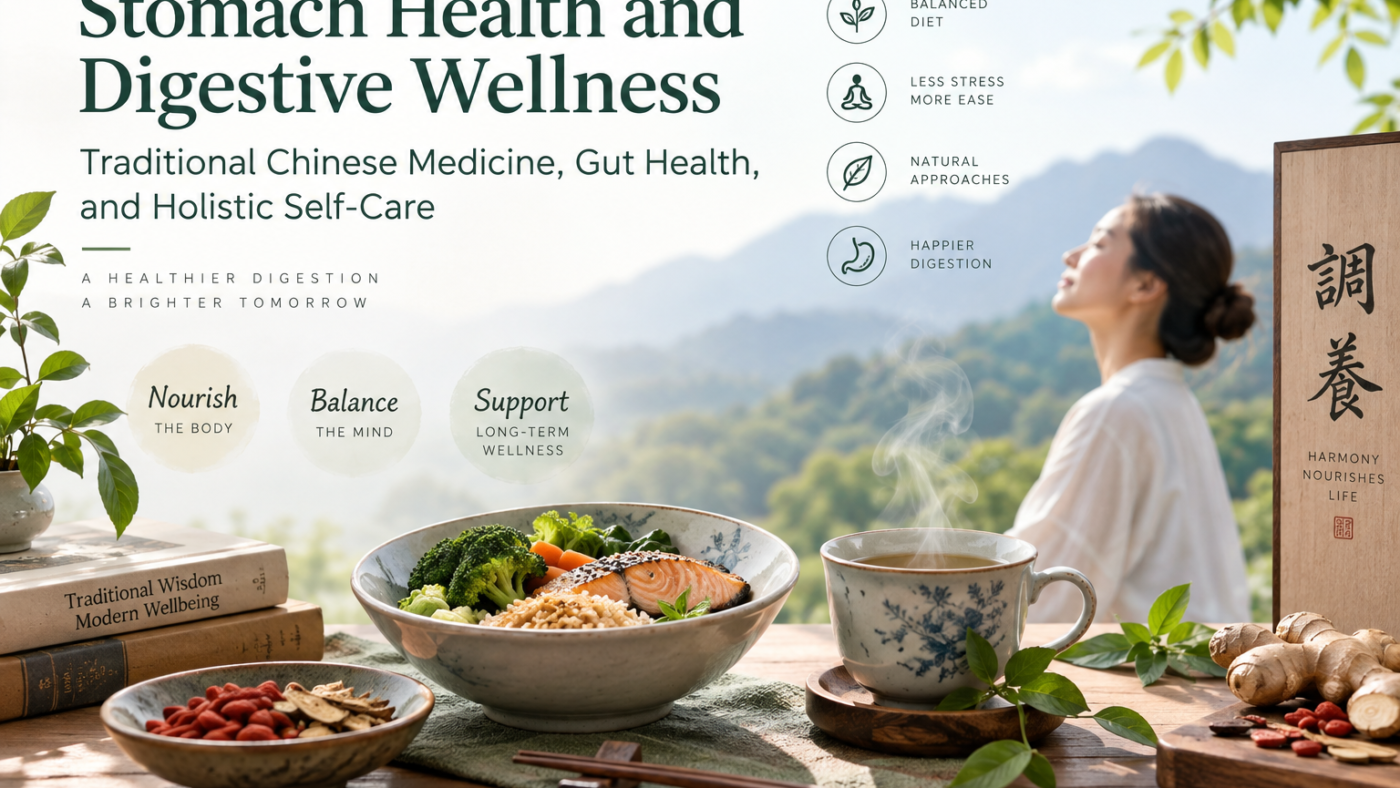Stomach health and digestive wellness featuring a balanced meal, herbal tea, Traditional Chinese Medicine, and a peaceful natural setting.