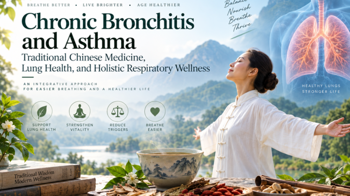 Chronic bronchitis and asthma lung health illustration featuring a woman practicing mindful breathing, a lung diagram, traditional herbs, and a peaceful mountain landscape.
