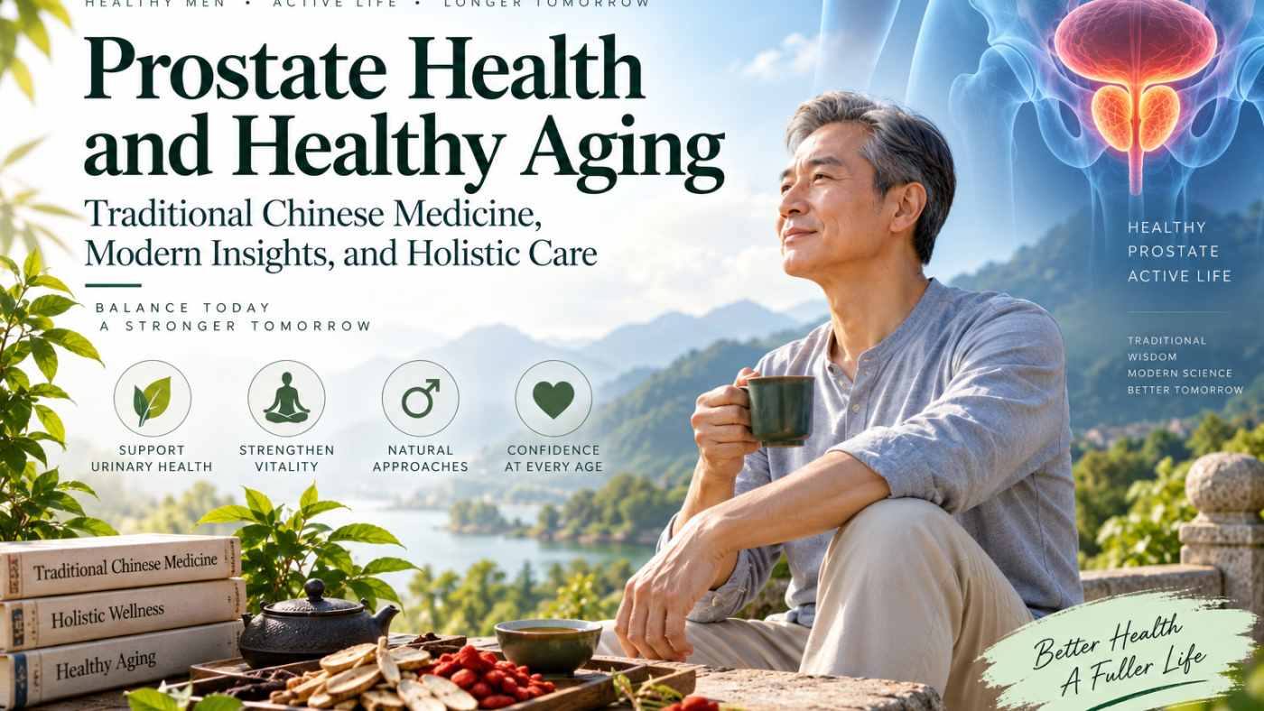 Benign prostatic hyperplasia and prostate health illustration featuring an older man, prostate anatomy, Traditional Chinese Medicine, and healthy aging.
