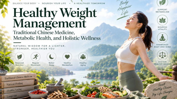 Healthy weight management and metabolic health illustration featuring balanced nutrition, mindful movement, Traditional Chinese Medicine, and holistic wellness.