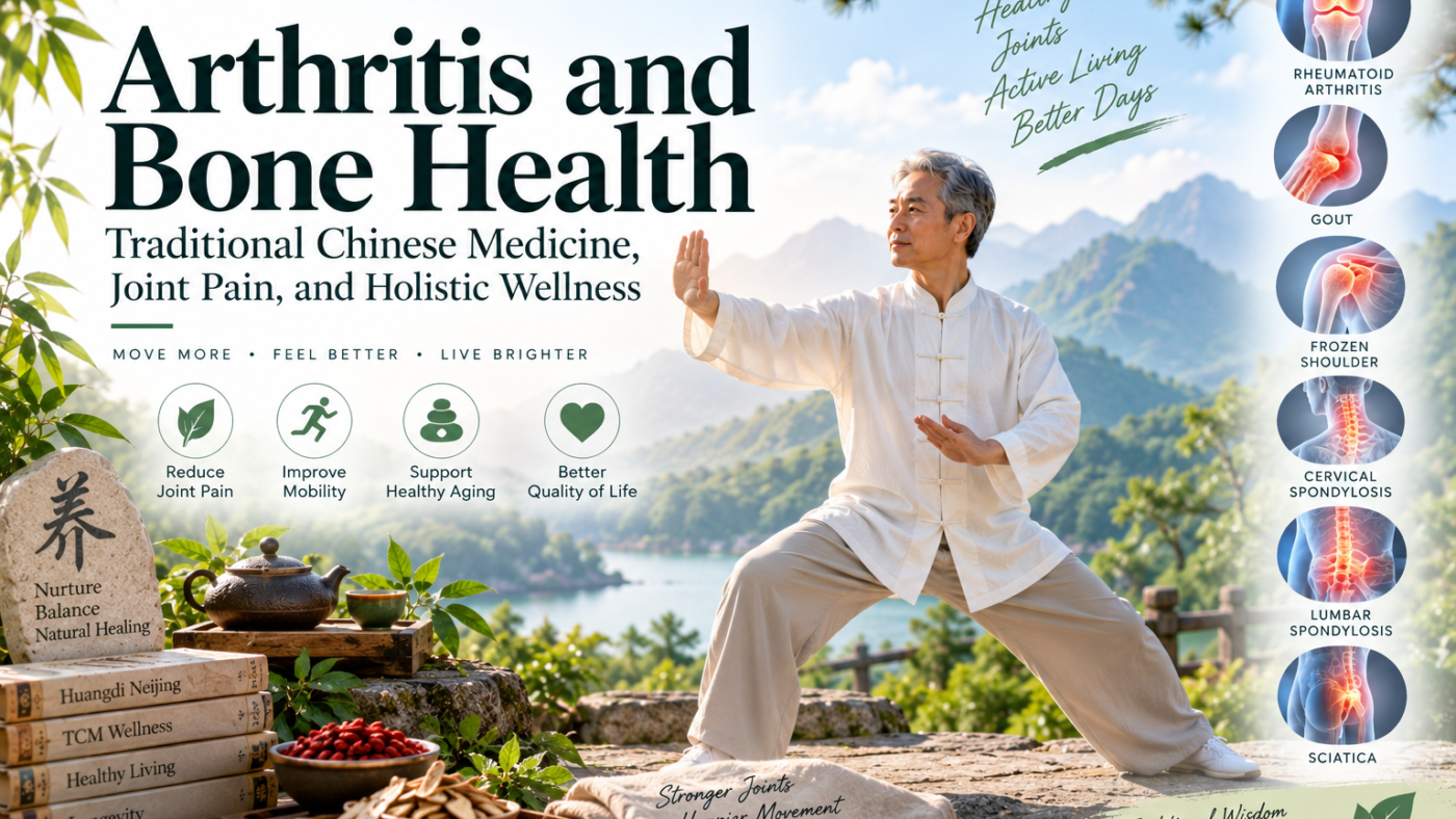 Arthritis and bone health illustration featuring Tai Chi, rheumatoid arthritis, gout, frozen shoulder, spinal health, and Traditional Chinese Medicine.
