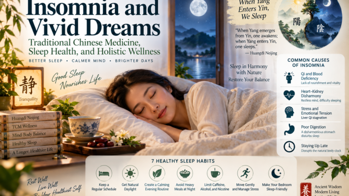 Insomnia and vivid dreams illustration featuring peaceful sleep, Yin-Yang balance, Traditional Chinese Medicine, circadian rhythms, and seven healthy sleep habits.