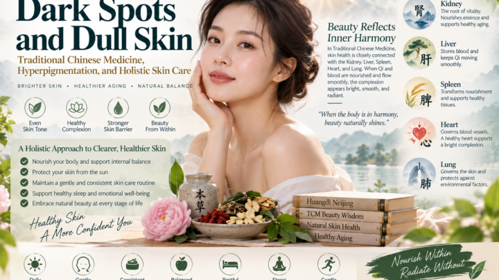 Dark spots and dull skin wellness illustration featuring a woman, Traditional Chinese Medicine, hyperpigmentation, and healthy skin care habits.