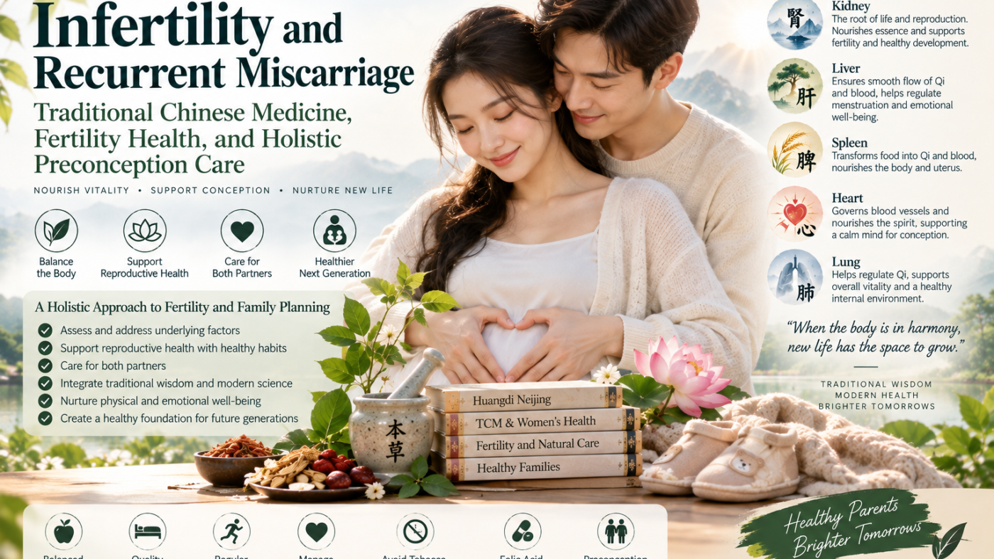 Infertility and recurrent miscarriage wellness illustration featuring a couple, Traditional Chinese Medicine, fertility health, and preconception care.