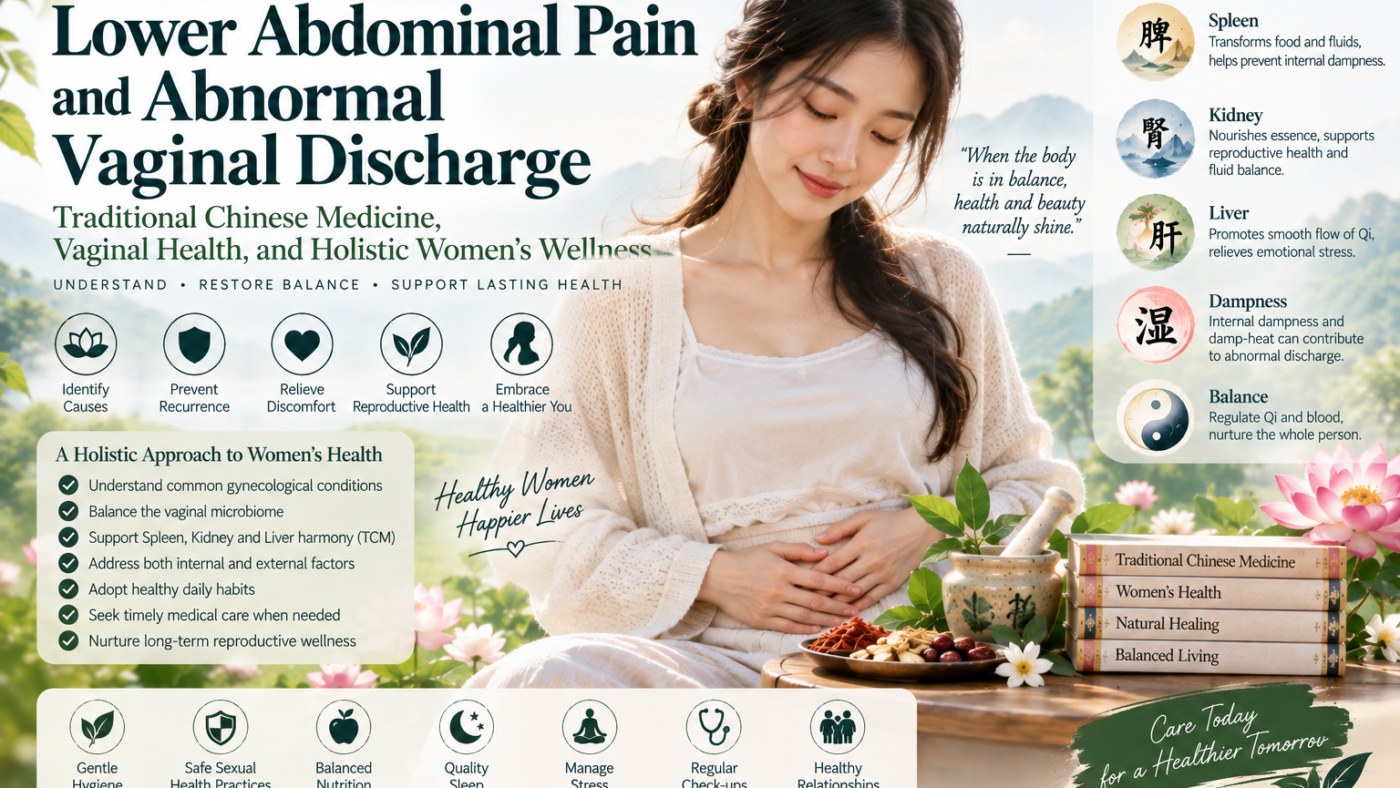 Explore lower abdominal pain and abnormal vaginal discharge through modern gynecology and Traditional Chinese Medicine. Learn about vaginal microbiome balance, bacterial vaginosis, yeast infections, pelvic inflammatory disease, and seven practical habits that support reproductive health, intimate comfort, and holistic women's wellness.