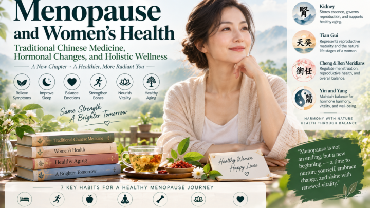 Menopause and women's health illustration featuring a middle-aged woman, Traditional Chinese Medicine, hormonal changes, and healthy aging habits.